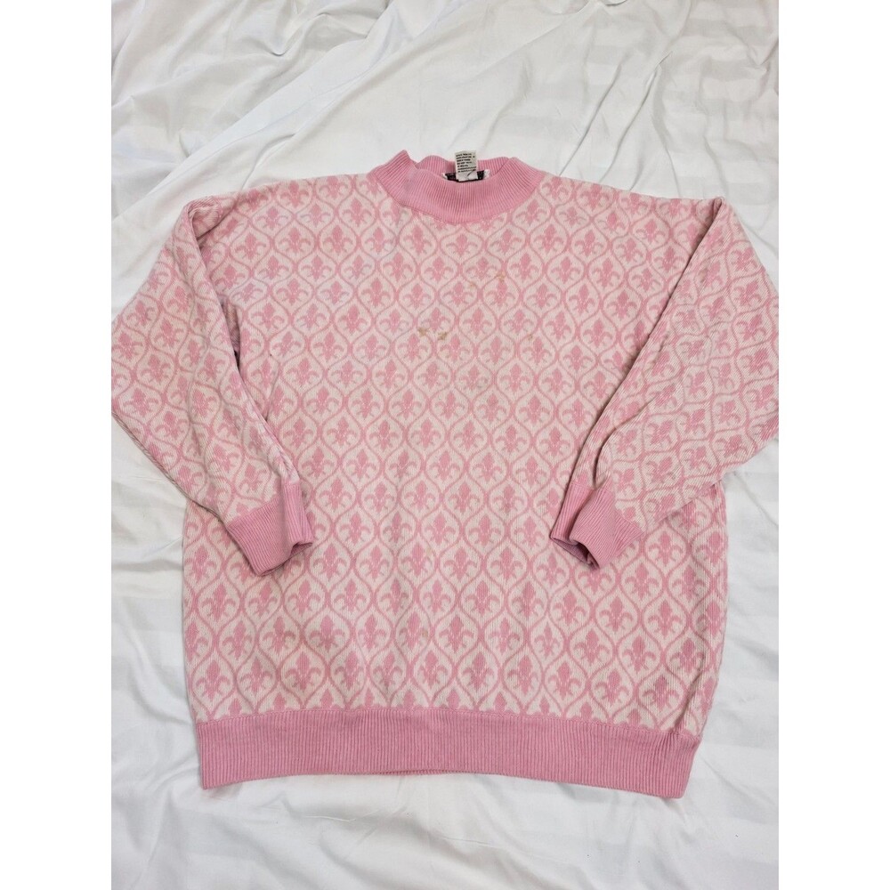 Ricki by Miss Erika Womens Small Pink Cream Fleur de Lis Mock Neck Knit Sweater